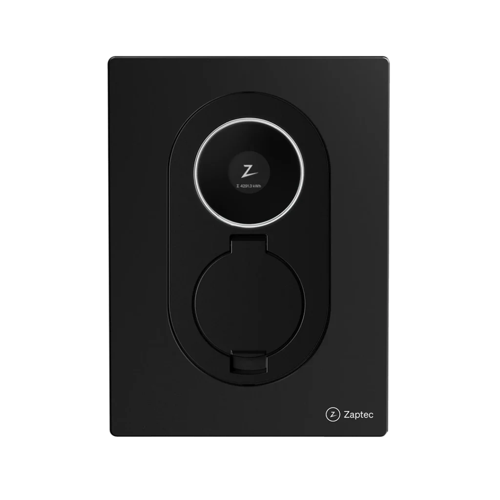 Musta Zaptec Go 2 -sähköauton latausasema edestä