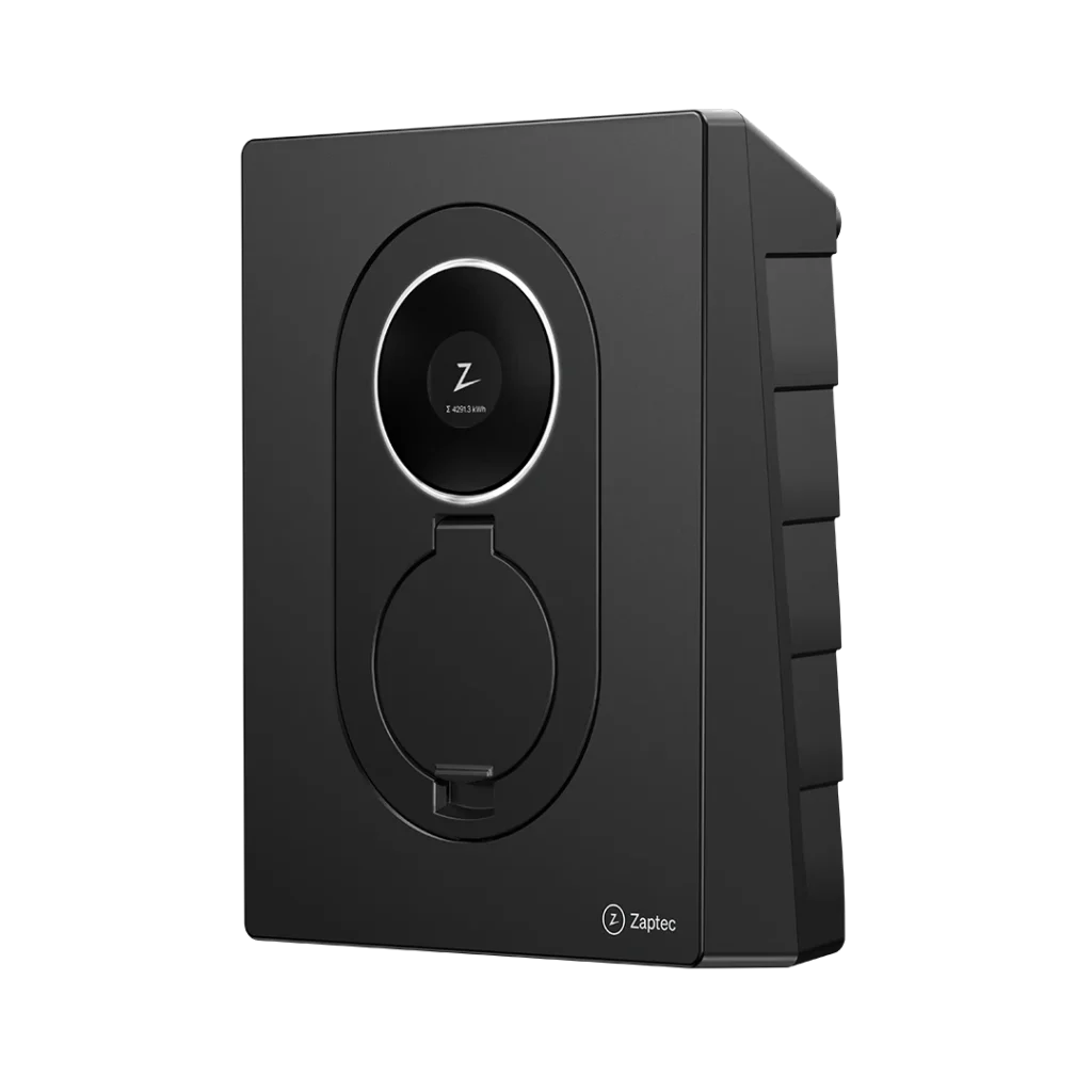 Musta Zaptec Go 2 -sähköauton latausasema sivuviistosta