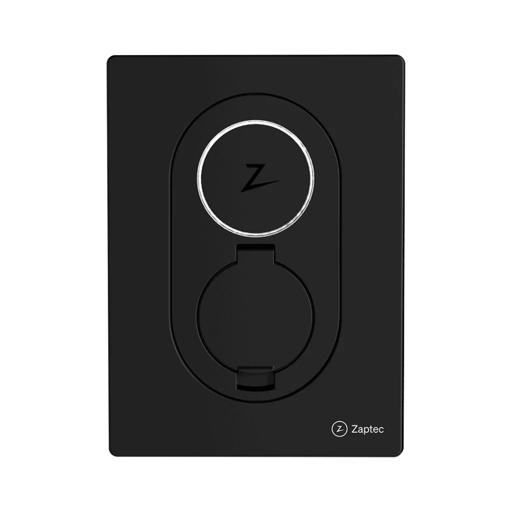 Musta Zaptec Go -sähköauton latausasema edestä