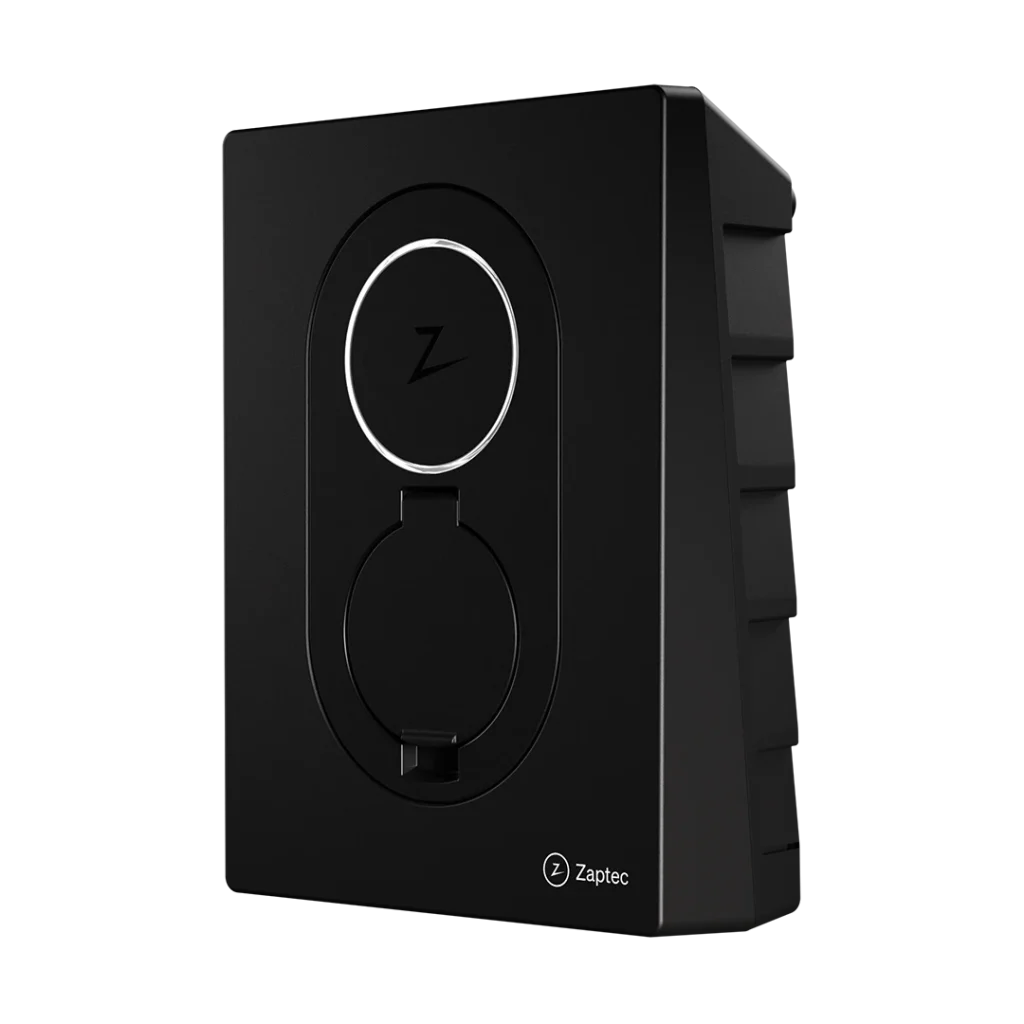 Musta Zaptec Go -sähköauton latausasema sivuviistosta